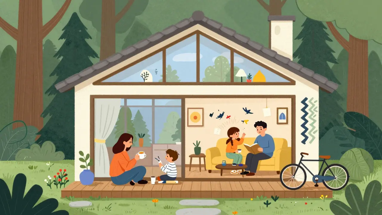 Уютный дом с видом на лес, семья на террасе, пение птиц и цветочные узоры в стиле Memphis.