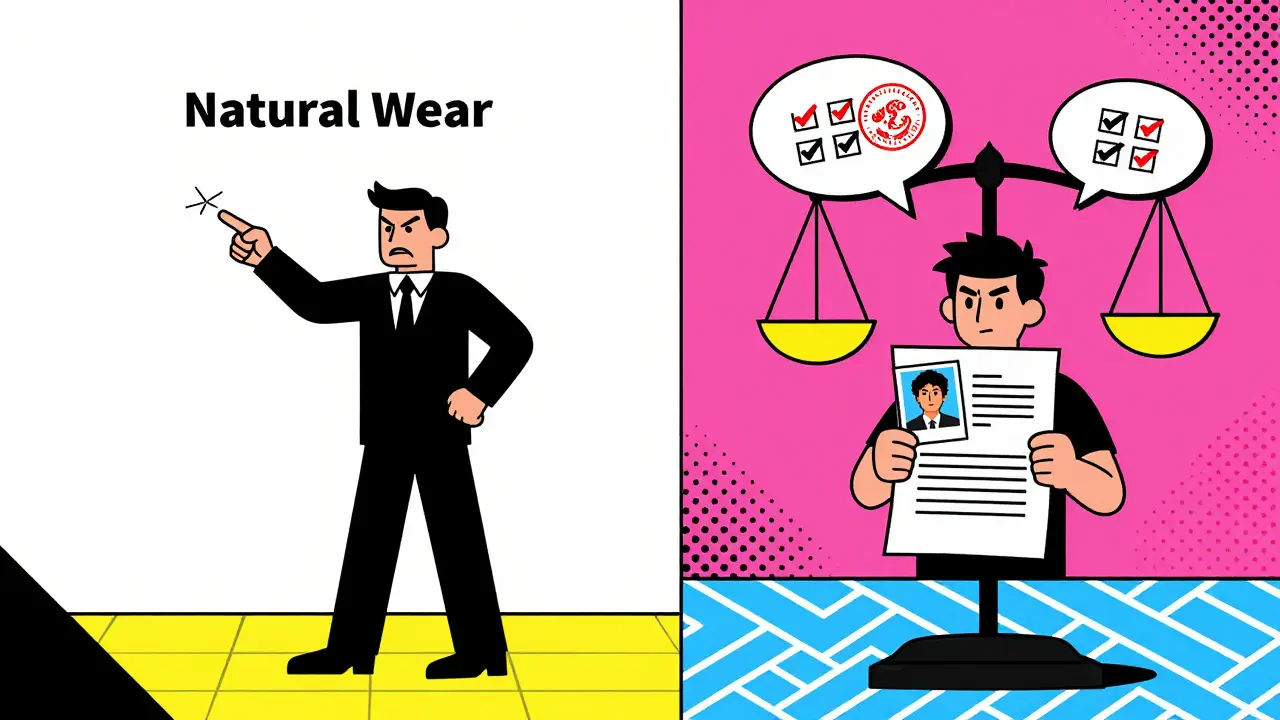 Арендодатель указывает на царапину, а арендатор показывает фото и судебный документ в стиле мемфис