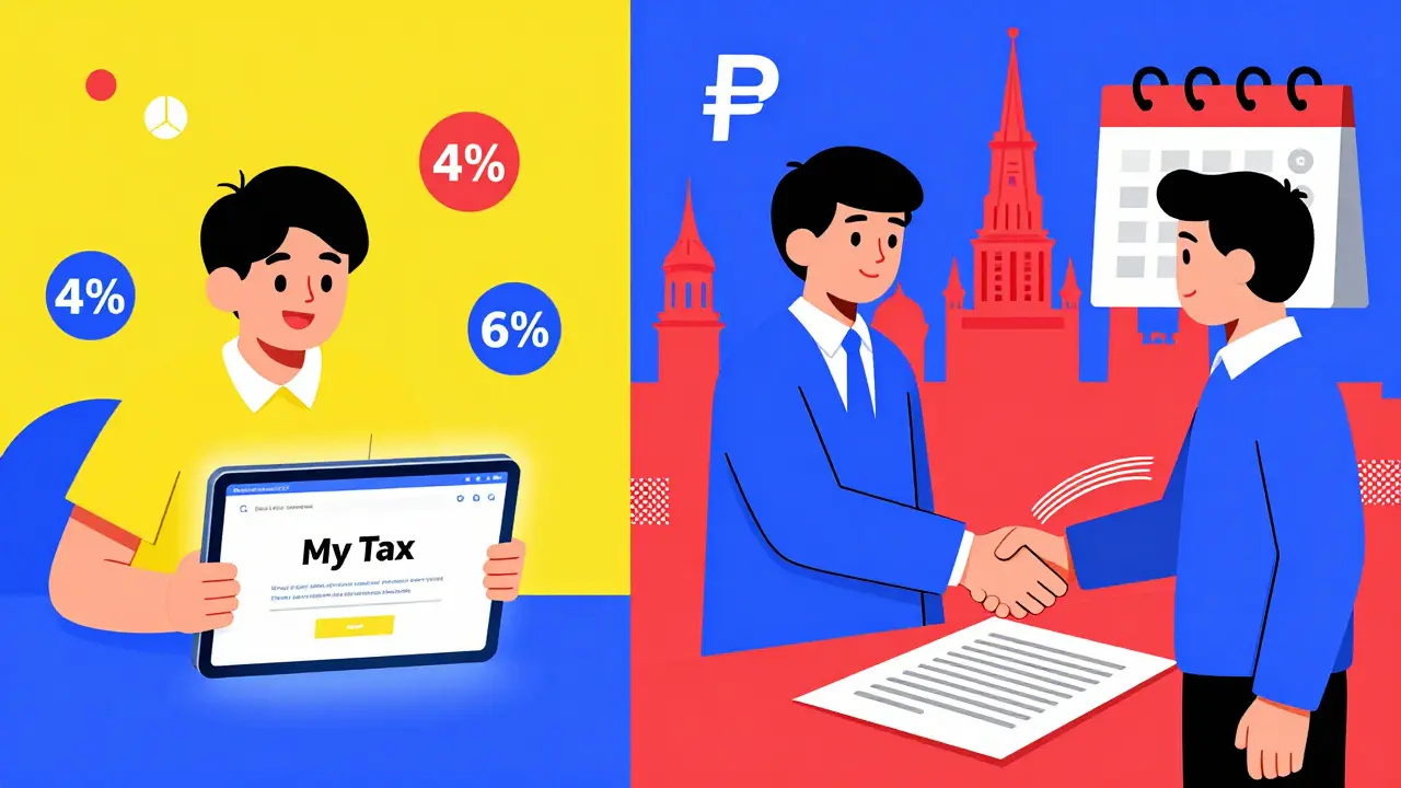 Человек регистрируется как самозанятый через приложение, рядом с символами налогов