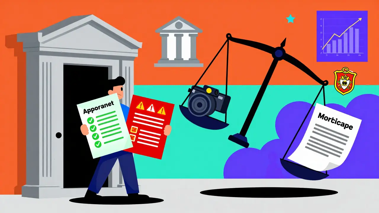 Человек стоит перед судом с двумя противоположными отчетами оценки, на фоне банковских символов.