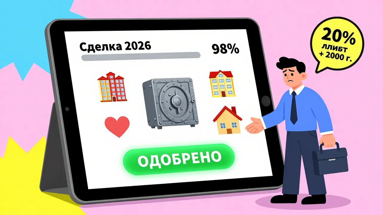 Цифровой интерфейс с прогрессом сделки, двумя домами и надписью 'Одобрено', с предупреждениями в стиле Memphis.