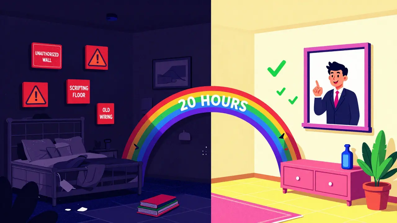 До и после ремонта: хаос слева, порядок справа, соединенные радугой в стиле Мемфис.