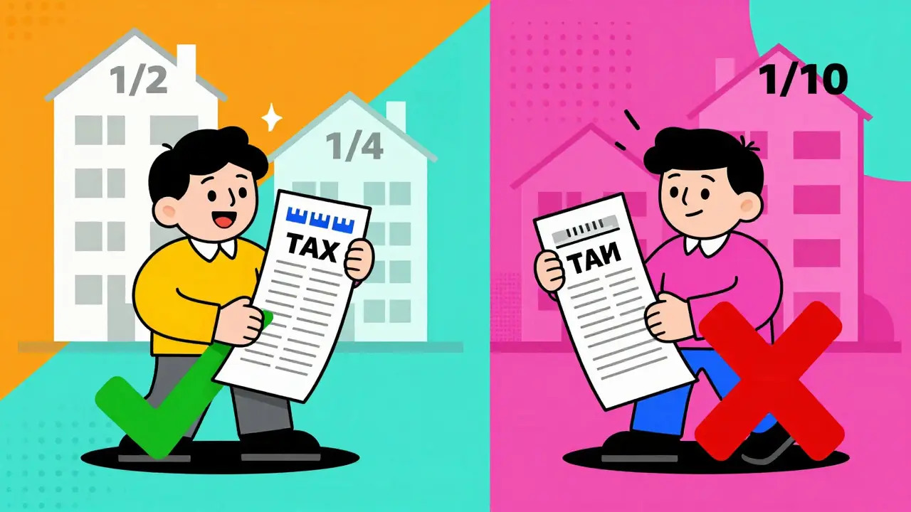 Два варианта расчета налога: с расходами (зеленый) и с вычетом (красный), рядом — доли квартиры разного размера.