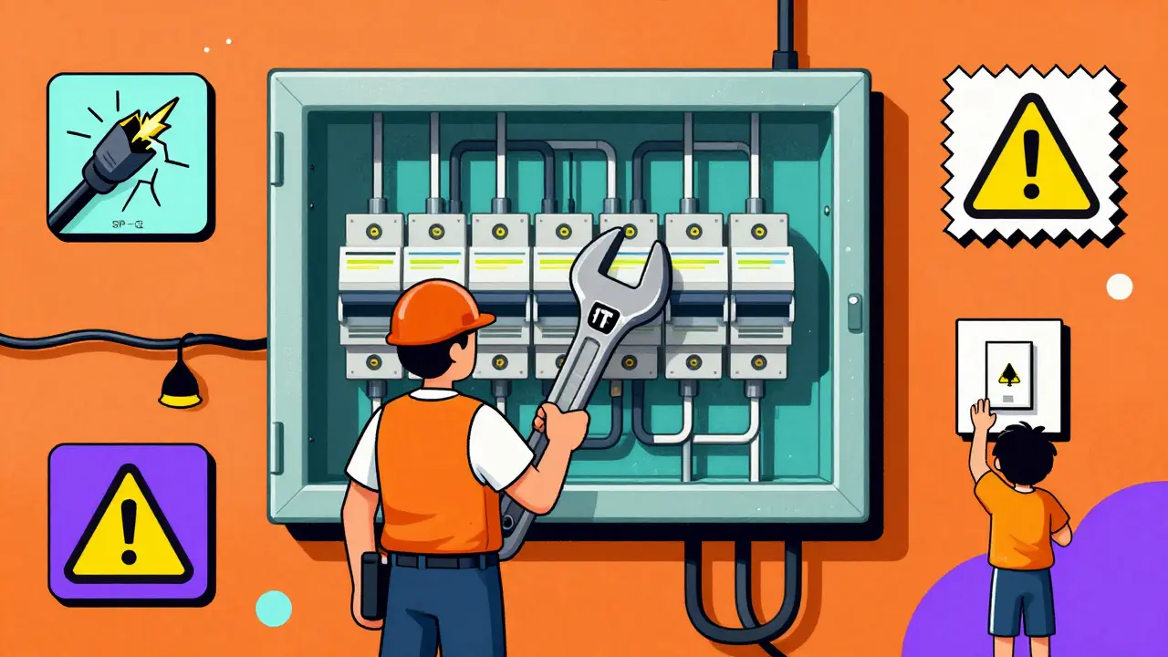 Электрический щиток с автоматами, заземлением и предупреждающими значками, нарисованный в стиле Memphis.