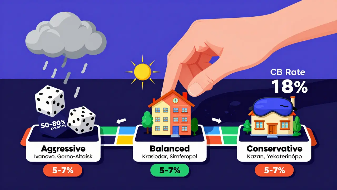 Игровая доска с тремя путями инвестирования: агрессивный, сбалансированный и консервативный, с символами рисков и доходов.