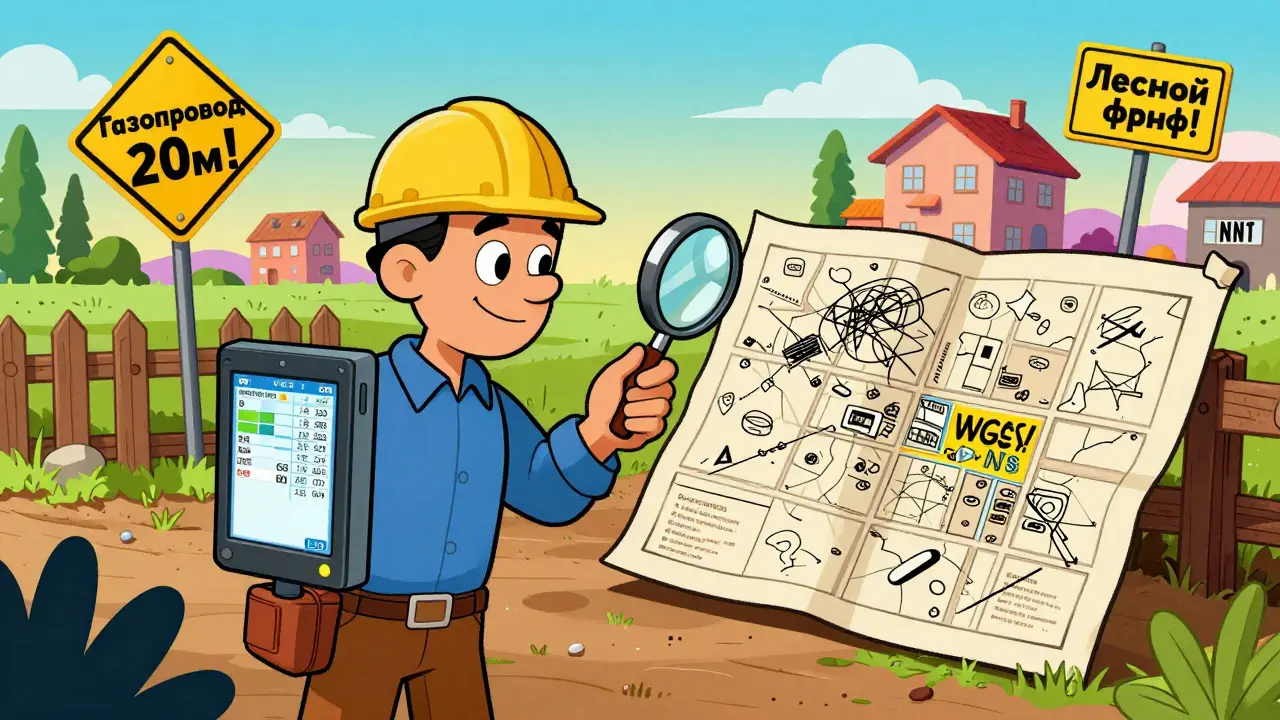 Кадастровый инженер измеряет участок с помощью GPS, сравнивая цифровые координаты с устаревшей картой на фоне садового товарищества.