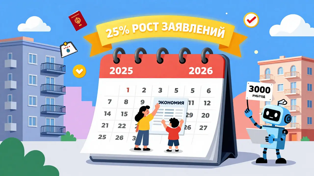 Календарь 2026 года, семья радуется экономии налога, робот исправляет кадастровую оценку здания.