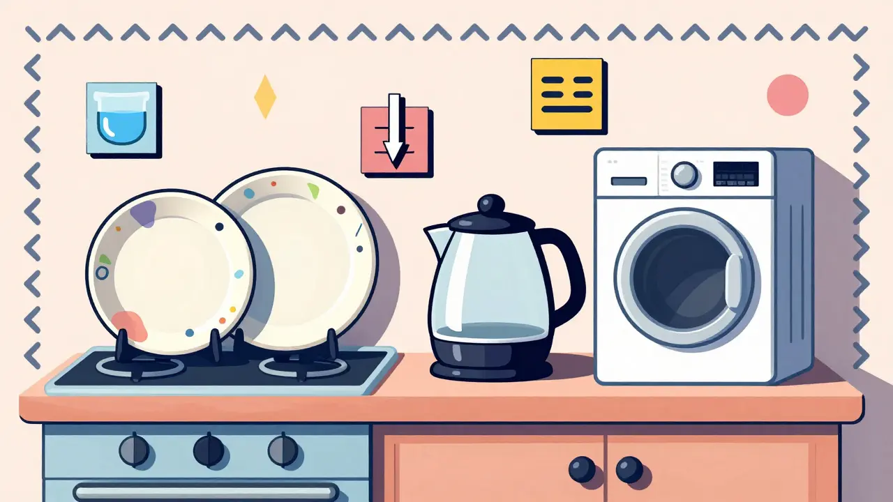 Кухня с базовой техникой и посудой в стиле Memphis, с абстрактными узорами и яркими цветами, символизирующими готовность к заселению.