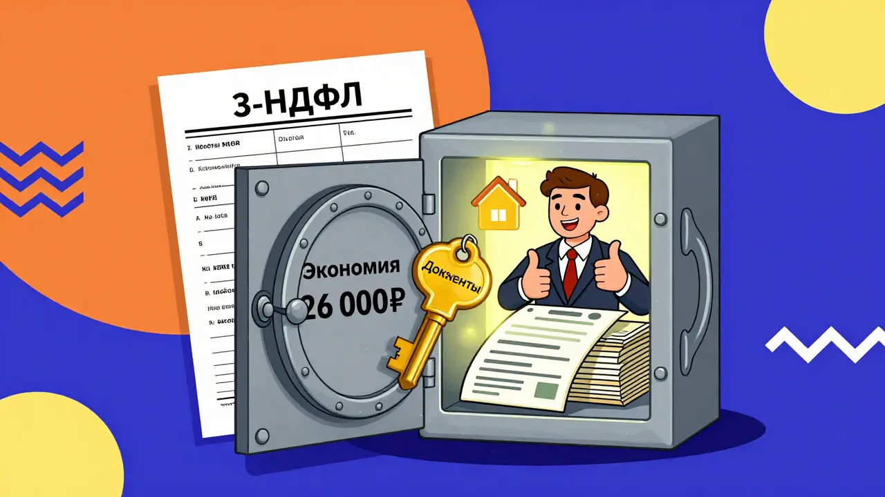 Открытый сейф с документами и экономией на налоге, ключ — подписанный договор с риелтором.