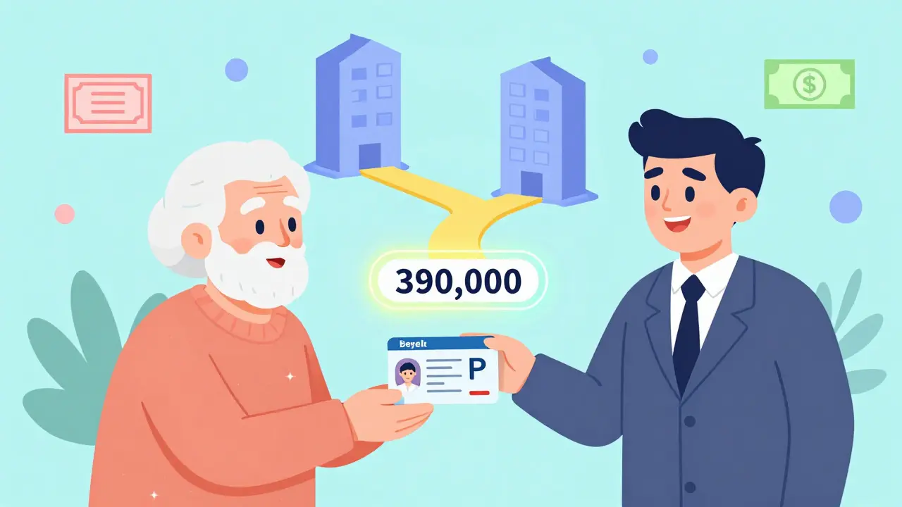 Пенсионер подаёт удостоверение, рядом светится вычет по ипотечным процентам, две квартиры соединены золотой линией.