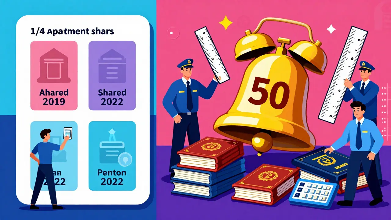 Разделенная сцена: четыре доли с разными датами покупки и огромный лимит в 50 млн рублей, окружённый яркими геометрическими элементами.