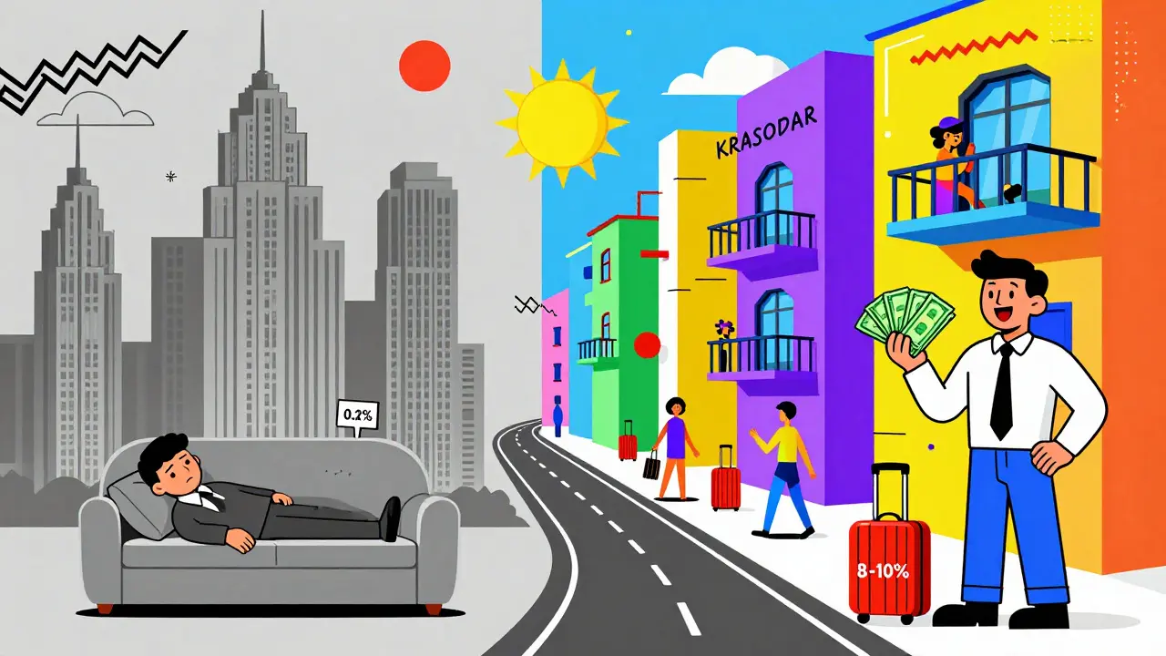 Разделённая сцена: скучная Москва слева и цветной Краснодар справа с туристами и арендатором с деньгами.