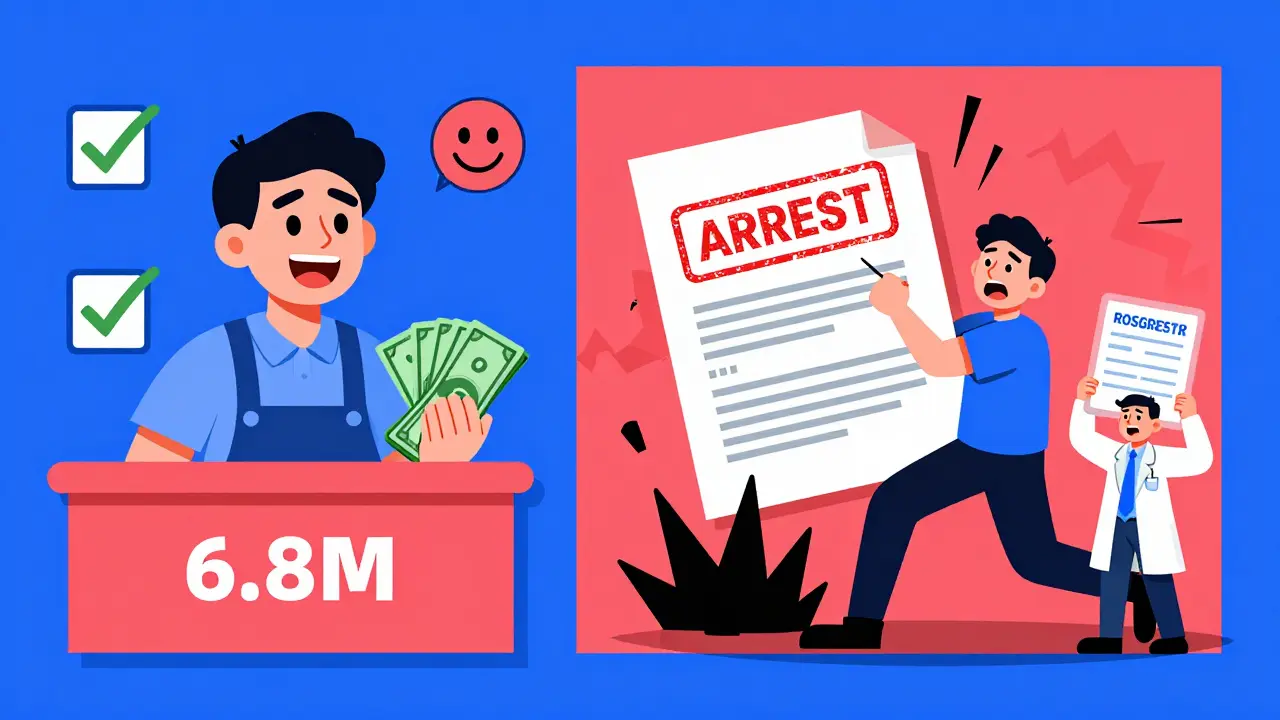 Счастливый продавец с деньгами с одной стороны, с другой — арест и эксперт с документом.