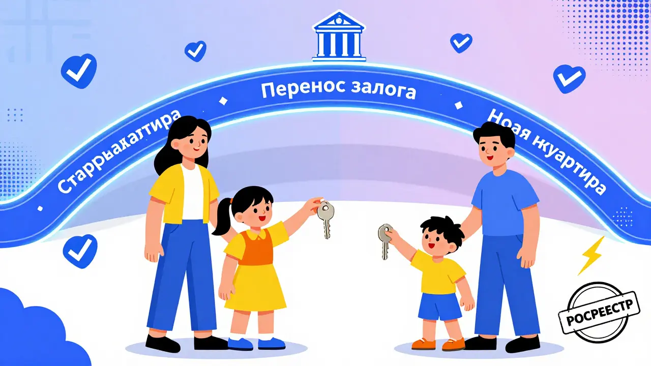 Семья обменивается ключами между двумя квартирами, соединёнными мостом 'перенос залога' с банком и Росреестром.