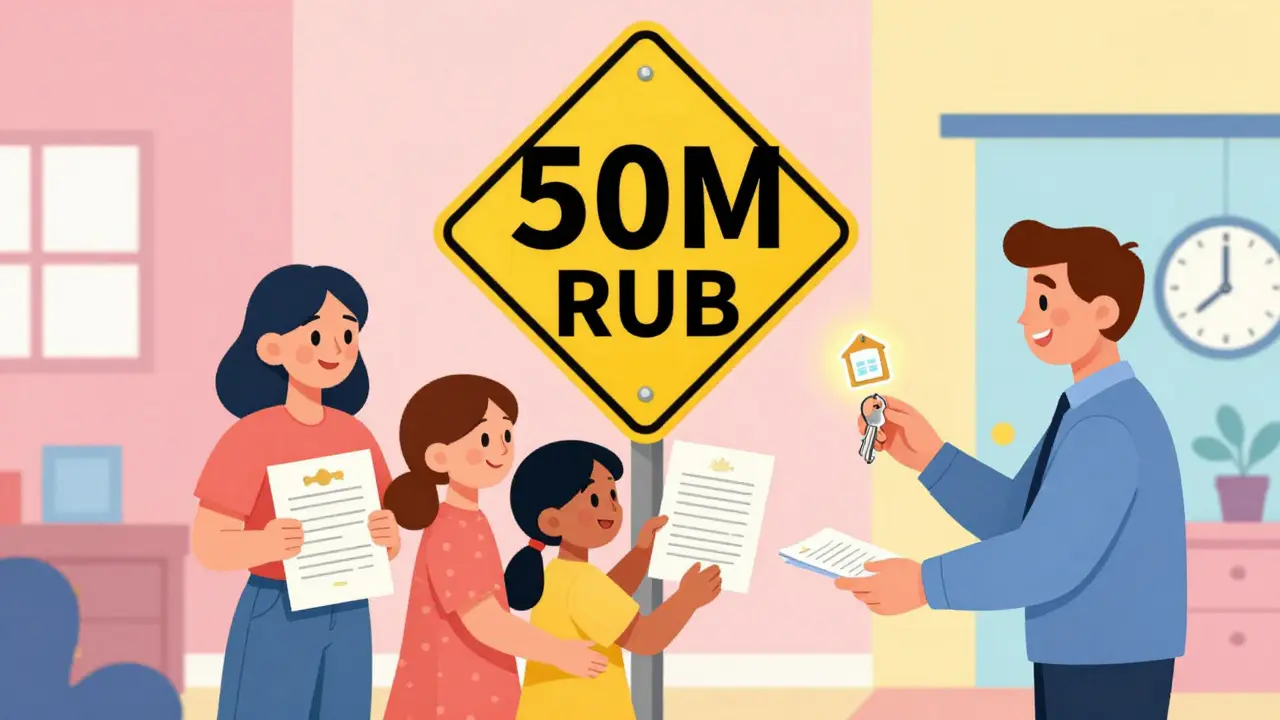 Семья с детьми передает документы, чтобы избежать налога при покупке новой квартиры, рядом — часы и предупреждение о 50 млн руб.