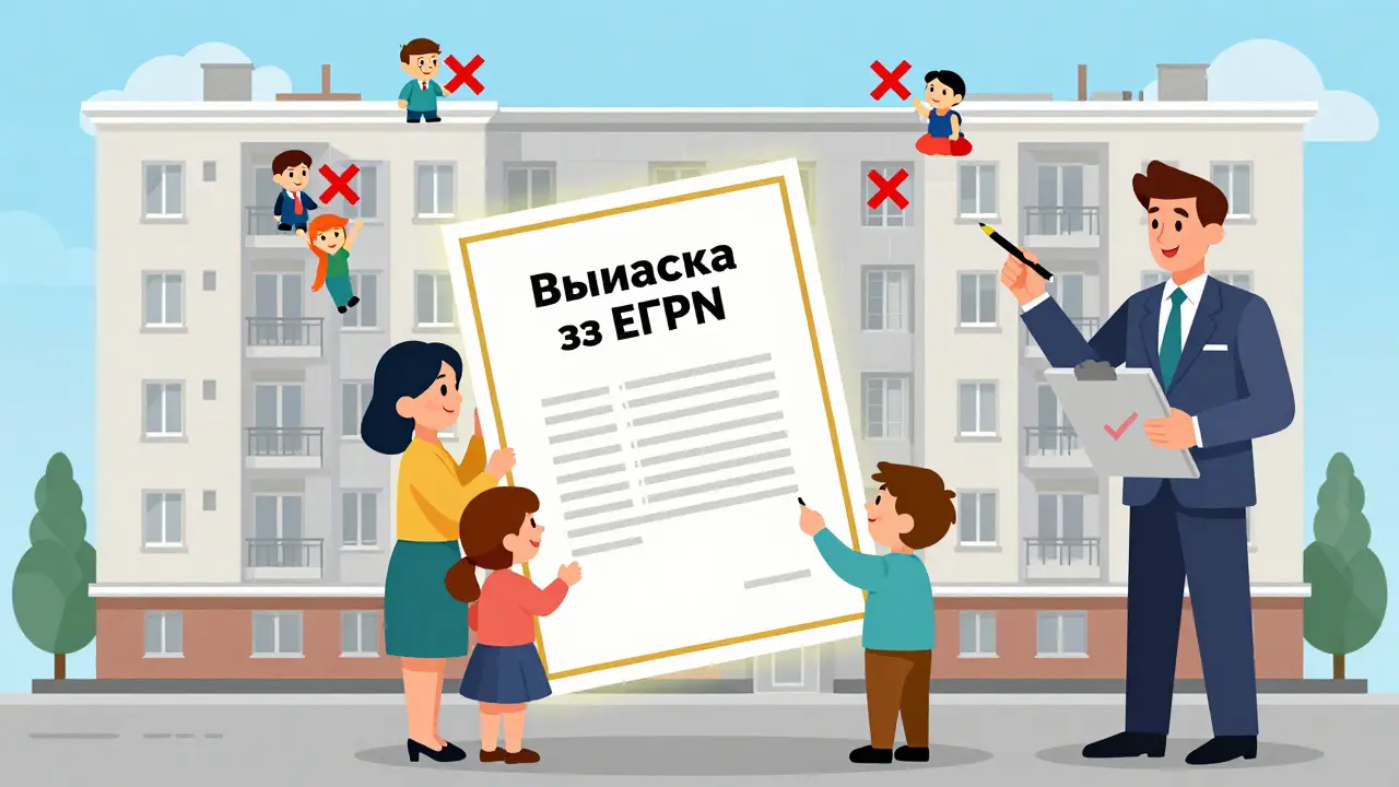 Семья с выпиской ЕГРН перед домом, зарегистрированные лица убираются