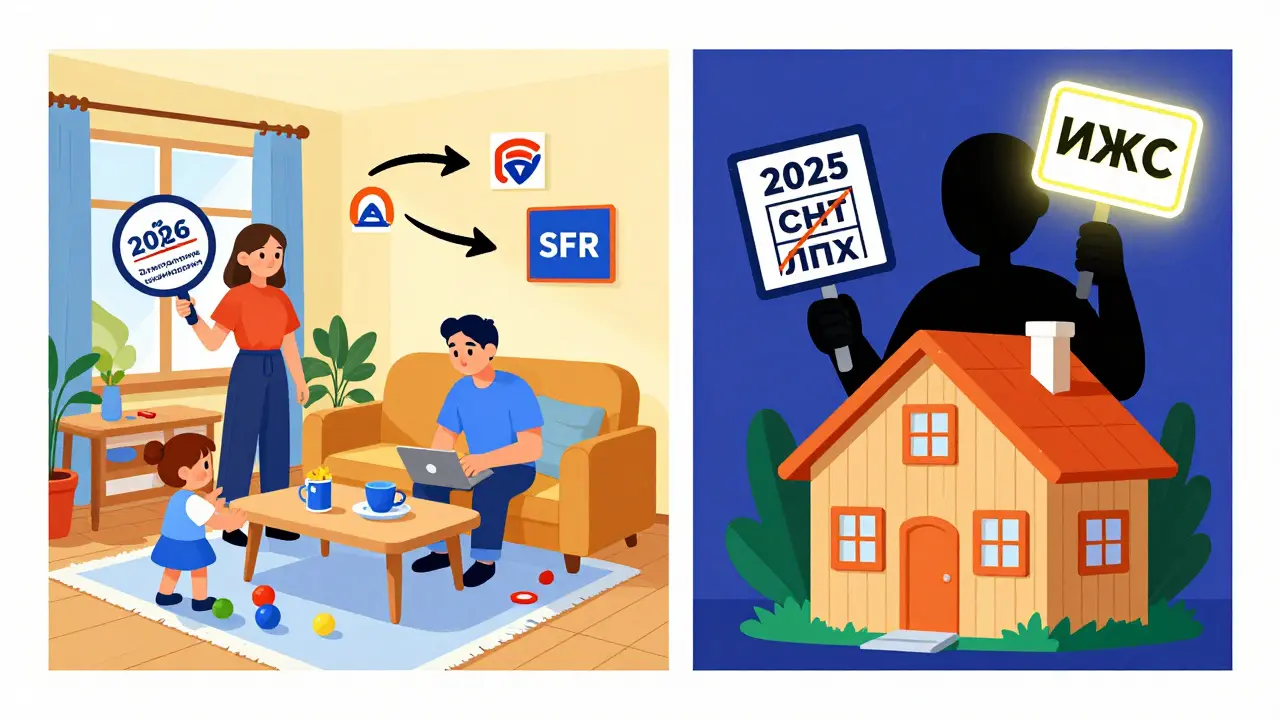 Семья в новом доме с цифровым соединением банка и фонда, рядом — запрещённые типы участков