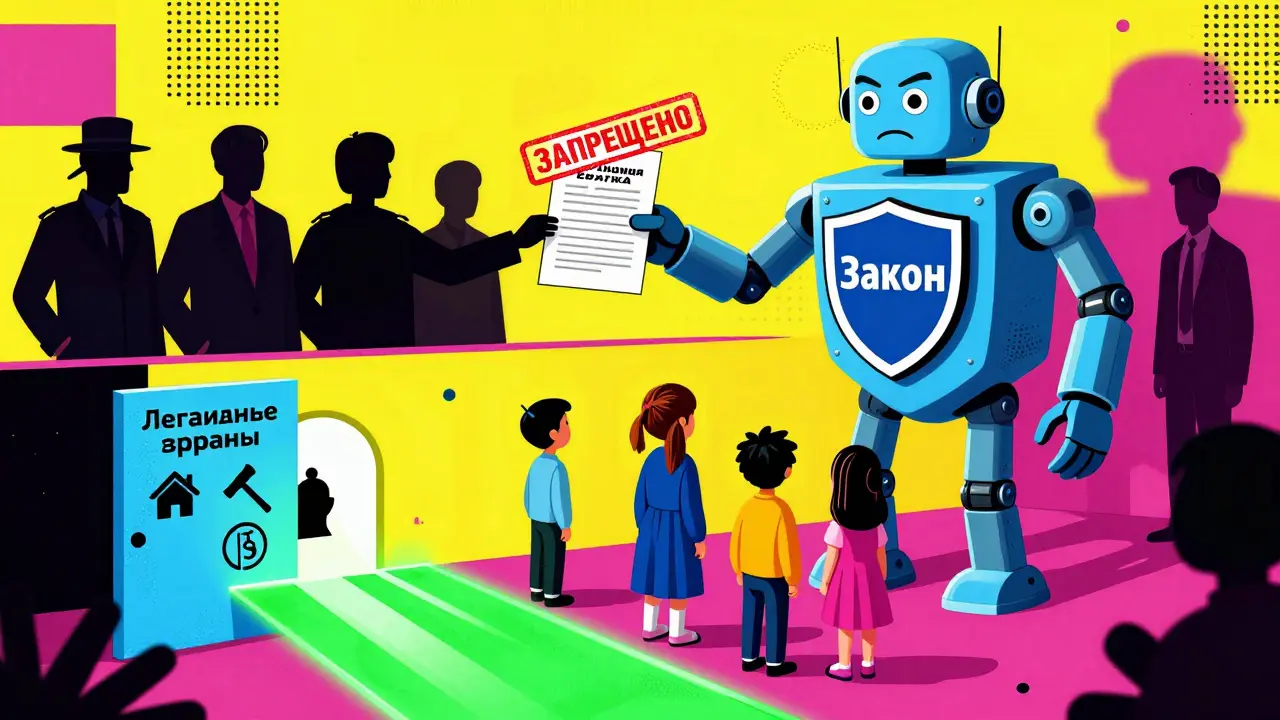 Семья в суде перед роботом-Пенсионным фондом, рядом — фиктивная сделка и запрещающий штамп