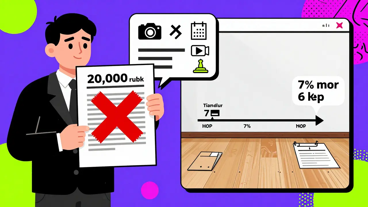 Сравнение: арендодатель требует заменить линолеум, но график показывает всего 7% износа за полгода. На фоне — чек-лист с фото и датой.