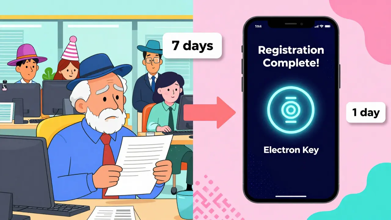 Сравнение: человек в МФЦ с бумагами и цифровой регистрация через телефон с биометрией.