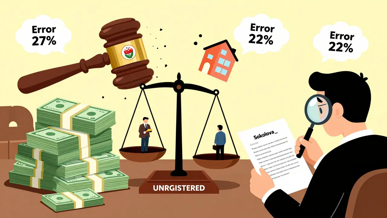 Судебная сцена: неверно зарегистрированная сделка взвешивается против денег и квартиры.