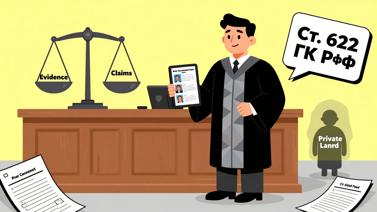 Судебное заседание: арендатор с доказательствами выигрывает дело. Судья одобряет, а арендодатель исчезает. На экране — таблица износа материалов 2024 года.