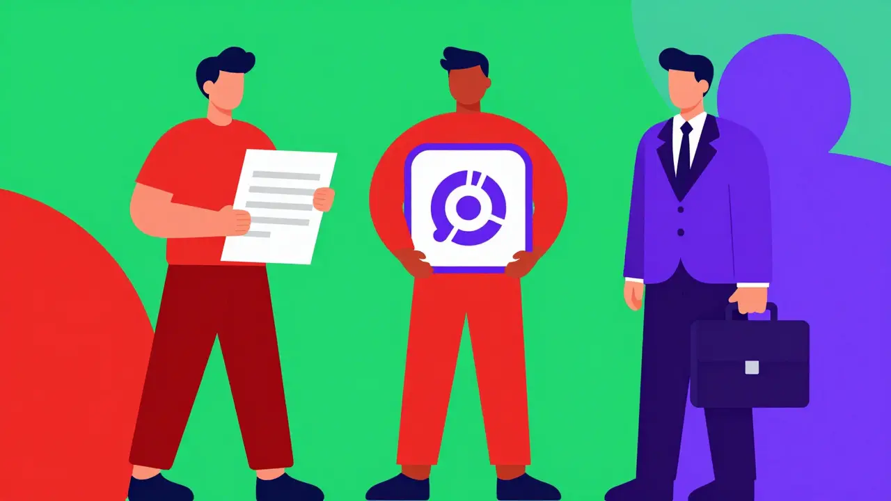 Три абстрактные фигуры: документ, цифровой значок и портфель