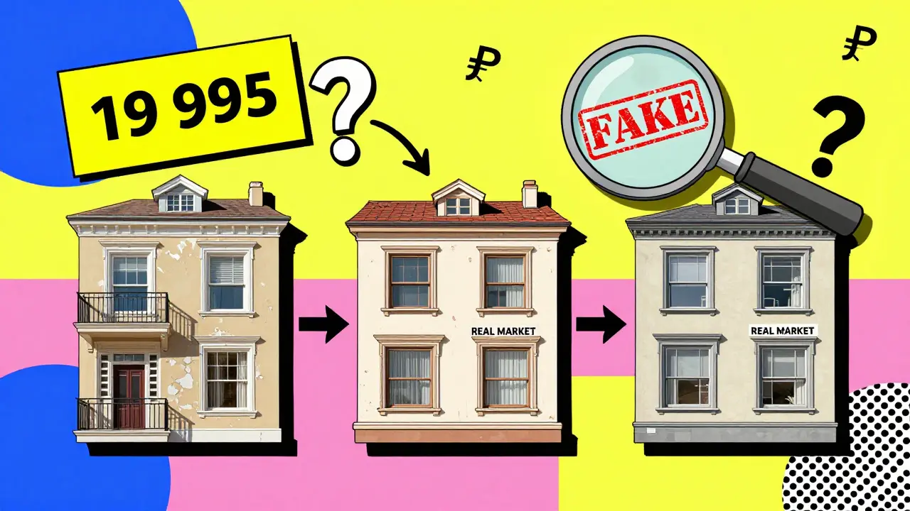 Три недвижимости с разными ценами, одна из них подделана, в стиле ярких геометрических форм.