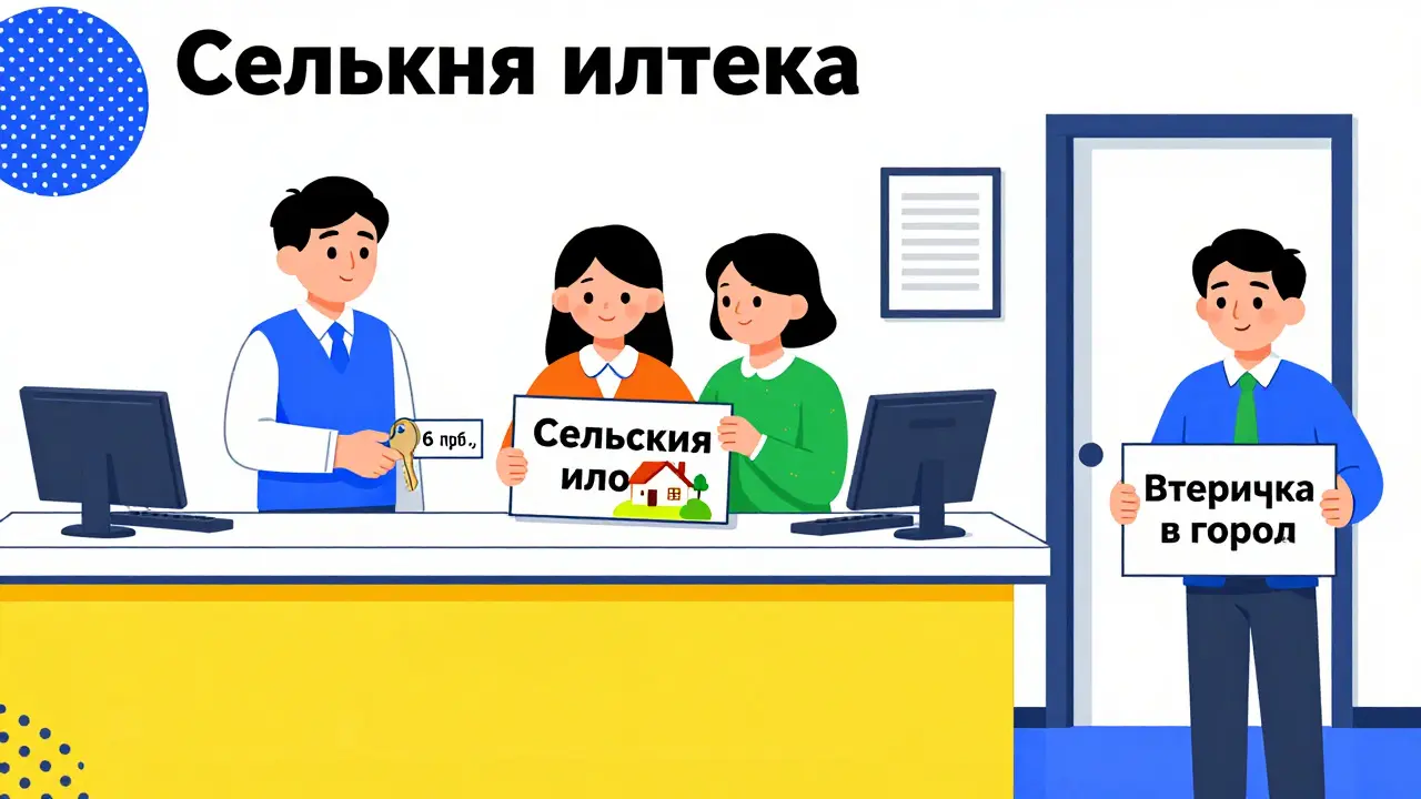 Три семьи у банковского окна: одна получает ключ, другая — сельскую ипотеку, третья — отказ из-за вторичного жилья.