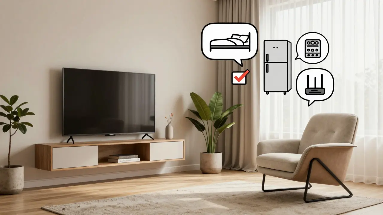 Жилая зона с минимальным набором мебели и элементами для аренды, оформленная в стиле Memphis с плавающими иконками-советами.