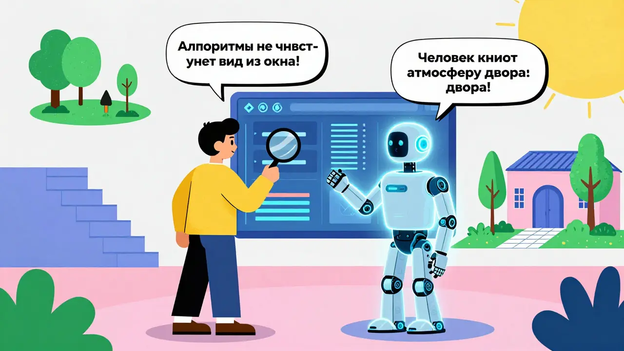 Человек и робот вместе анализируют недвижимость, подчеркивая важность человеческого фактора.