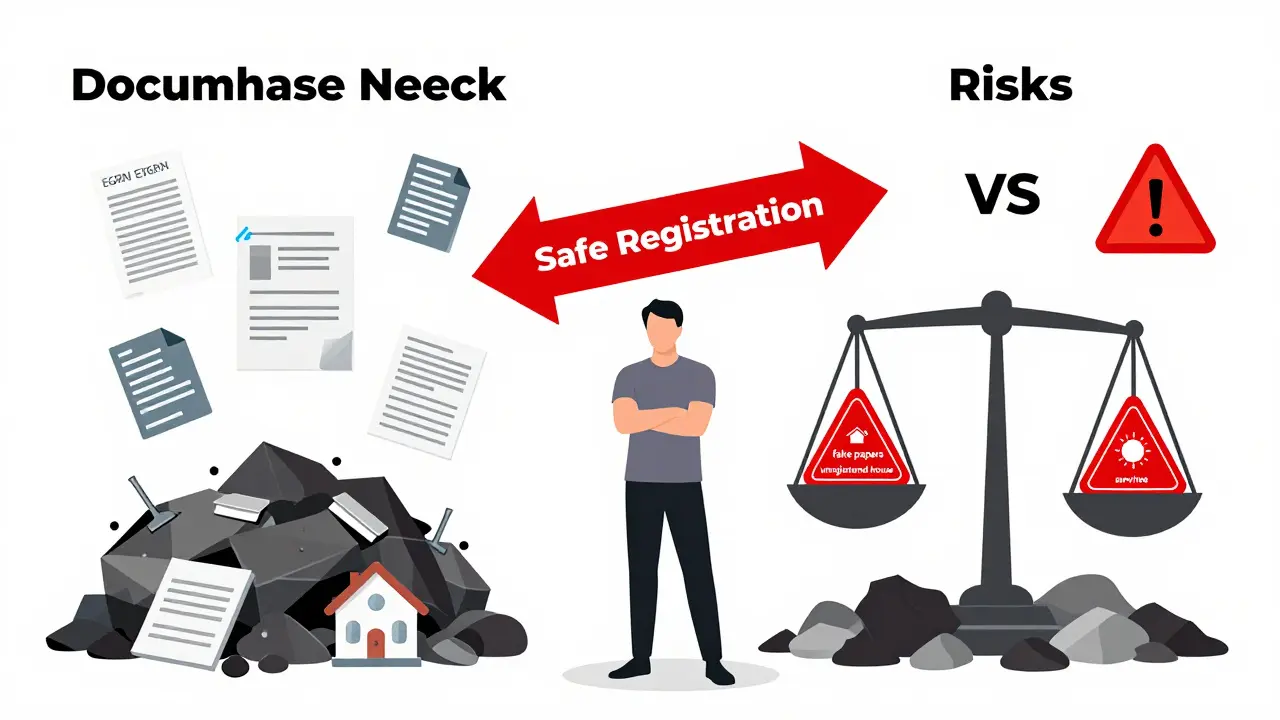 Человек между стопками документов и предупреждений о рисках при покупке загородной недвижимости.