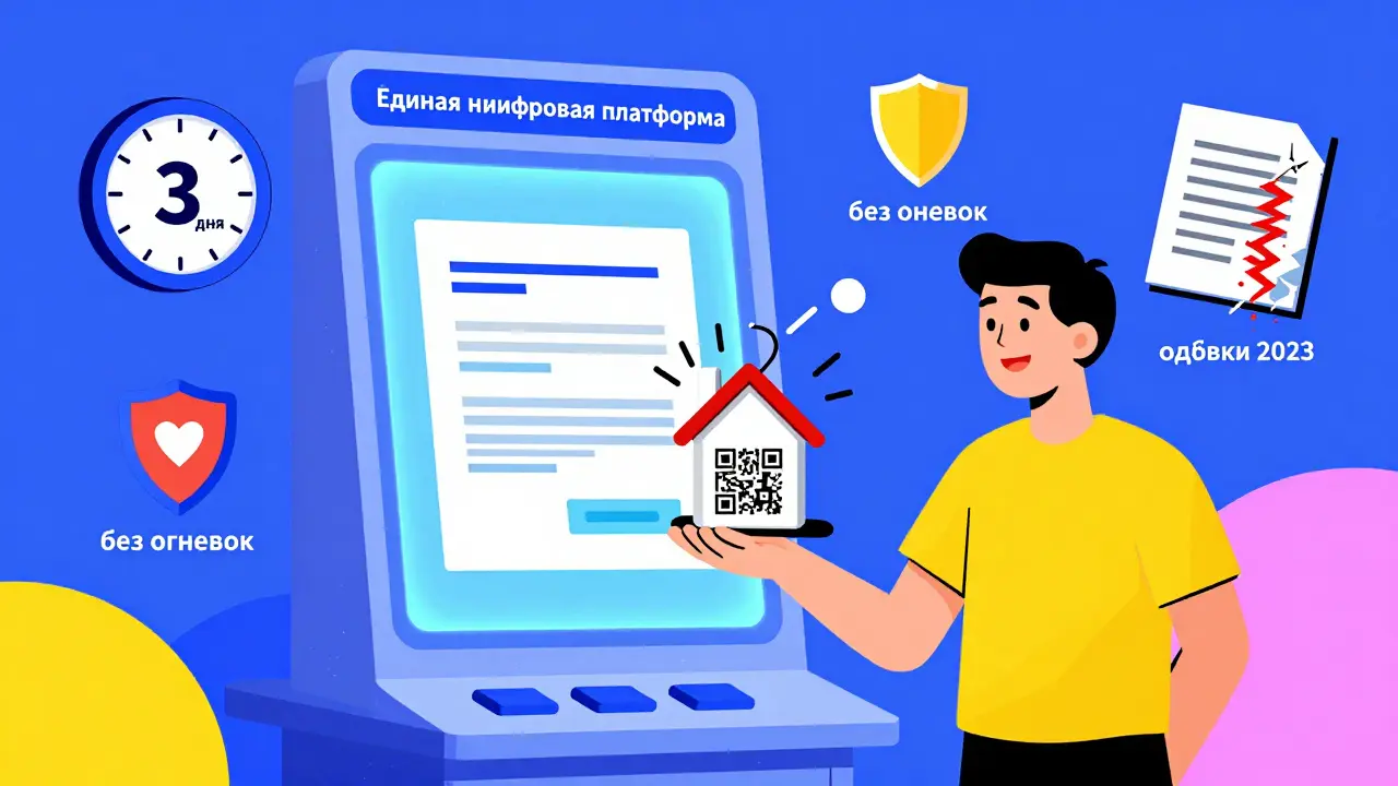 Цифровая киоск 2026 года выдает цифровые ключи, вокруг — символы быстрой регистрации и устранения ошибок, мемфис-стиль.