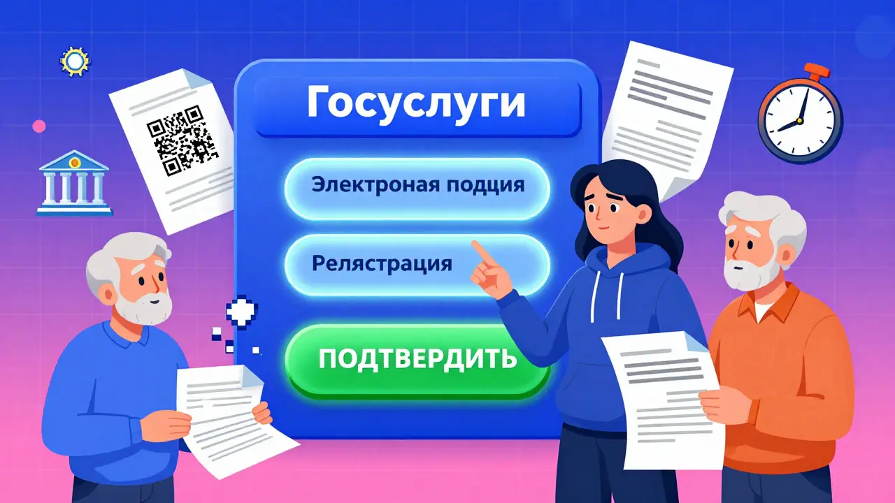 Цифровая регистрация квартиры через госуслуги: один человек нажимает кнопку, другой теряется среди бумажек, неоновые цвета и геометрические формы.