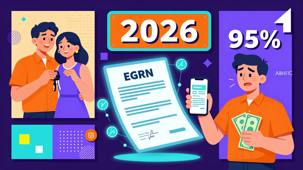 Цифровой договор с блокчейном и выпиской ЕГРН на фоне будущего рынка недвижимости в стиле мемфис