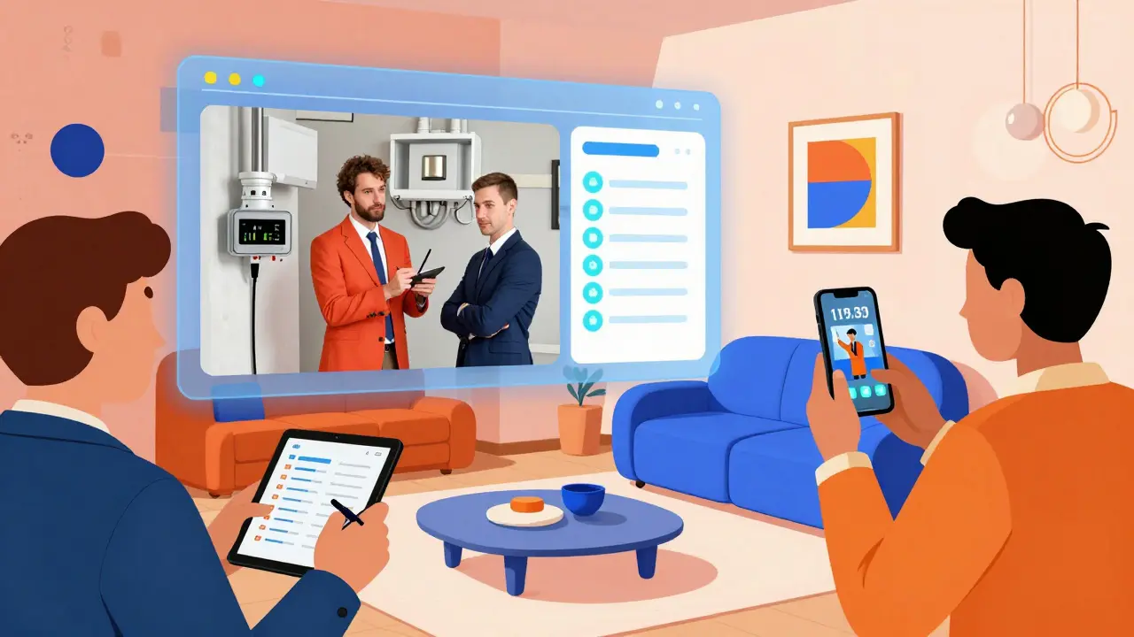 Цифровой осмотр квартиры: человек подписывает планшет, другой снимает видео, вокруг — геометрические узоры и показания счетчиков.