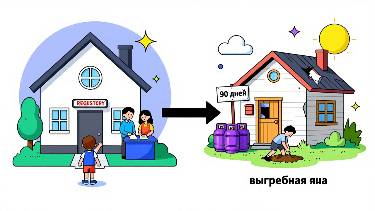 Дерево решений: прописка и школа против выгребной ямы и газовых баллонов в ярком стиле Memphis