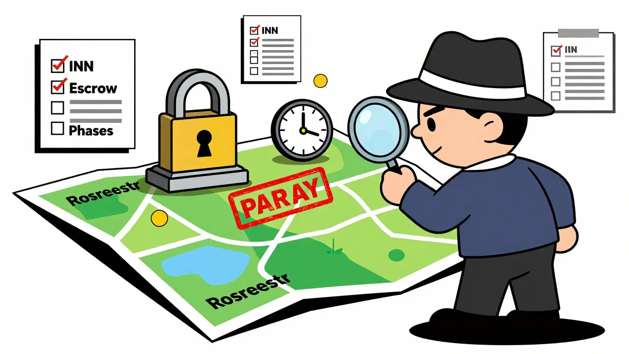 Детектив исследует земельный участок с признаками ипотеки и ареста, вокруг — ключевые проверки.