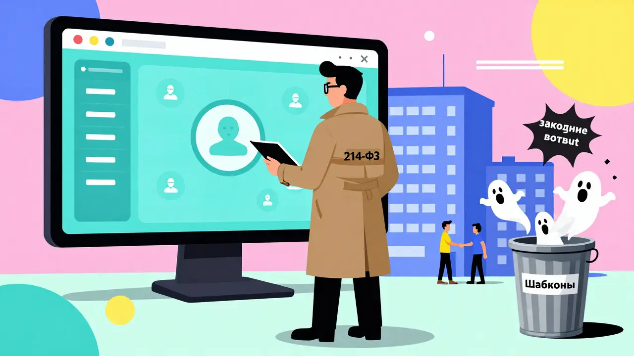 Детектив проверяет блокчейн-проверку надежности застройщика, а фальшивые отзывы убегают в мусор.