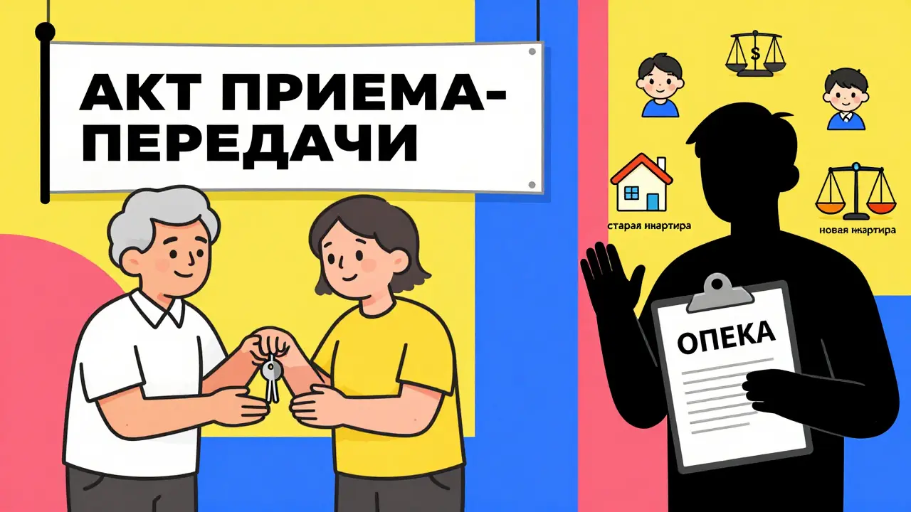 Две стороны сделки: одна — улыбающаяся передача ключей, другая — препятствие от органов опеки с ребёнком и весами.