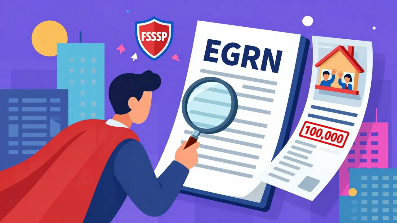 Герой проверяет выписку ЕГРН, а вокруг — символы долгов, прописанных жильцов и коммунальных платежей в ярком мемфисском стиле.