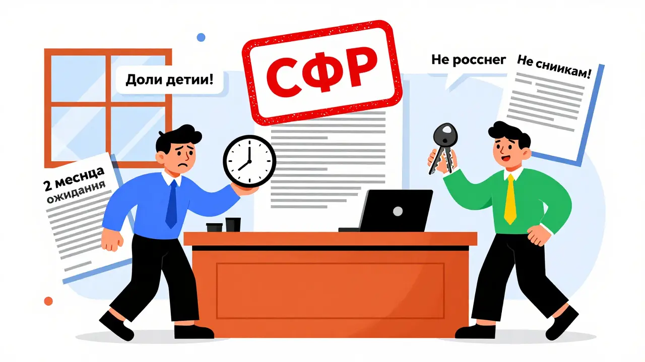 Гигантский штамп СФР одобряет договор, продавец и покупатель вокруг с абстрактными документами и символами.