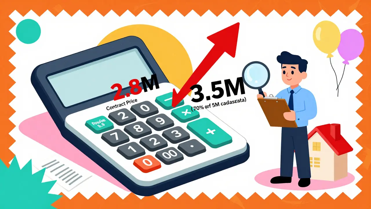 Калькулятор сравнивает цену продажи и 70% кадастровой стоимости, рядом — налоговая инспекторша с документами.