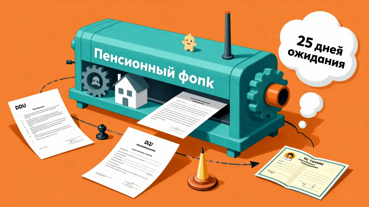 Машина Пенсионного фонда, принимающая документы для перевода средств, с символами домов и детей.