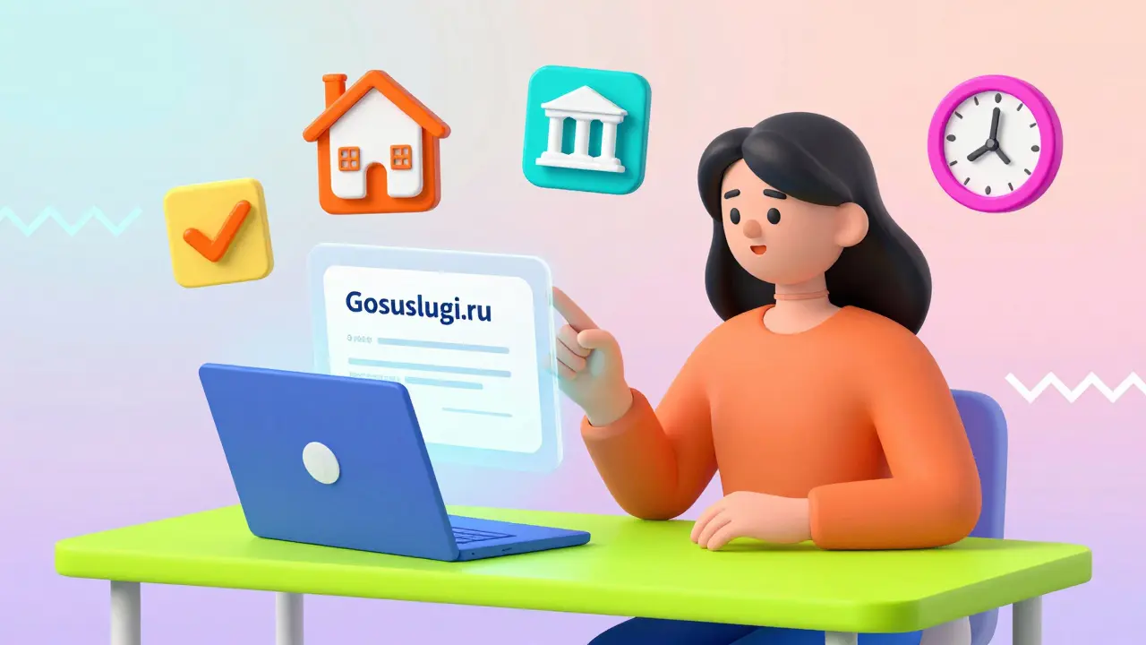 Мать смотрит на экран с сертификатом, ребёнок указывает на дом, вокруг — яркие абстрактные иконки.