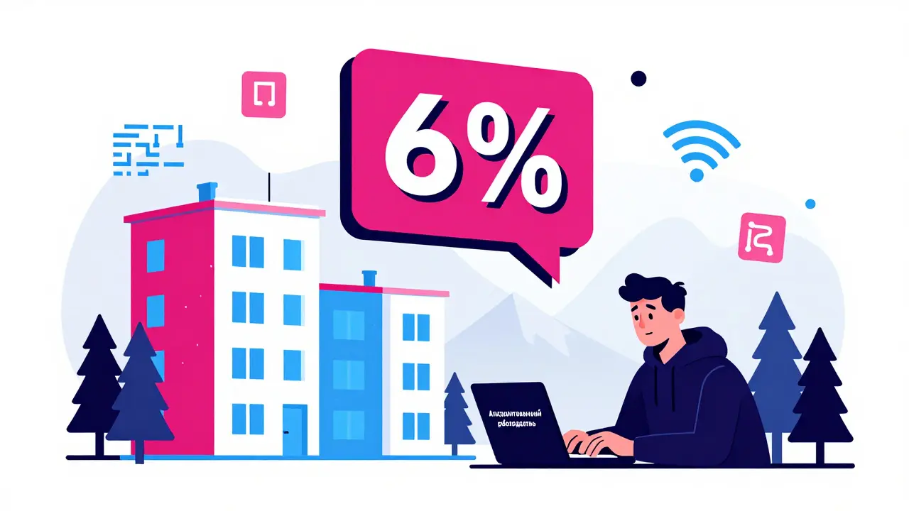 Молодой специалист в худи стоит у дома в Сибири, над ним светится 6% ставка и значки технологий.