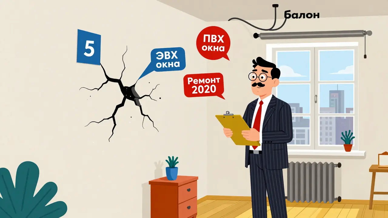 Оценщик осматривает квартиру с деталями: окна, проводка, балкон, все в ярких геометрических формах.