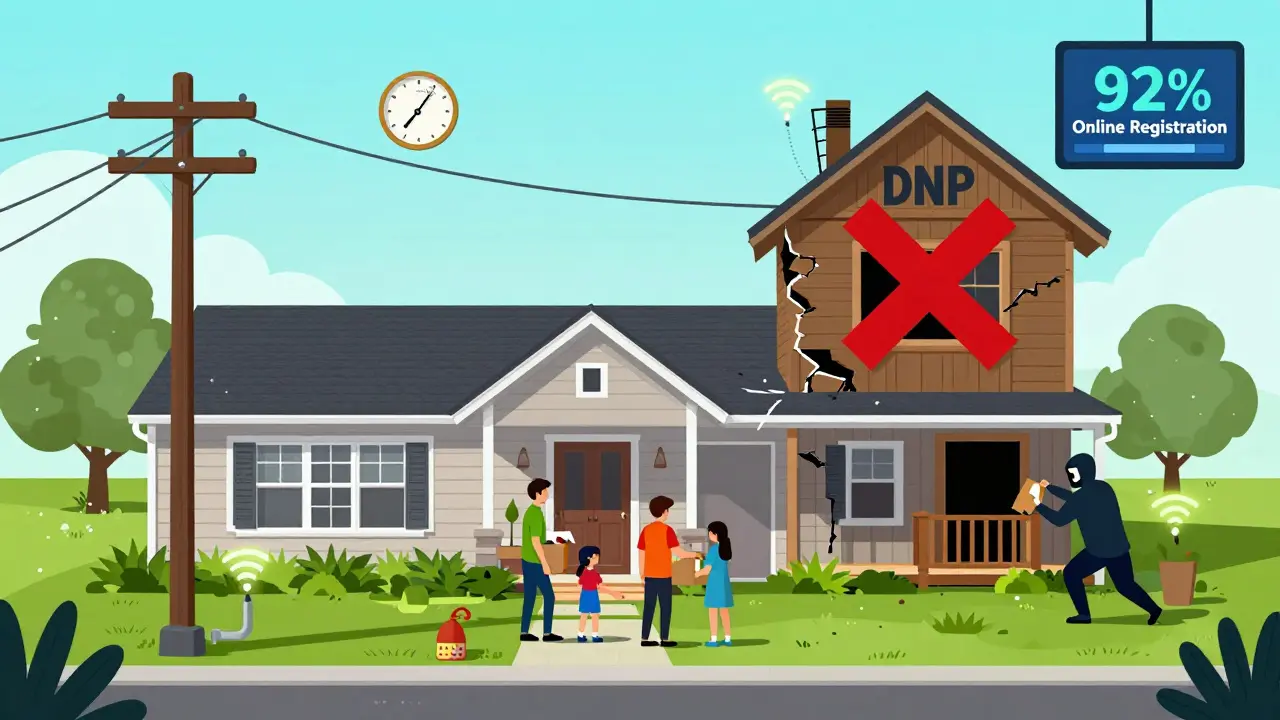 Семья в новом доме с коммуникациями, рядом — заброшенный дом ДНП с красной пометкой «недопустимо».