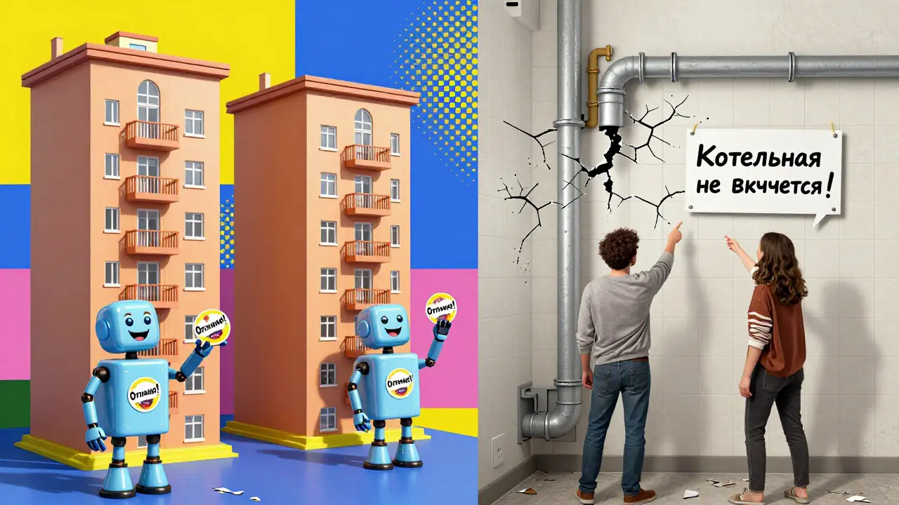 Сравнение фальшивого жилого комплекса с реальным: роботы с наклейками против живых жильцов с проблемами.