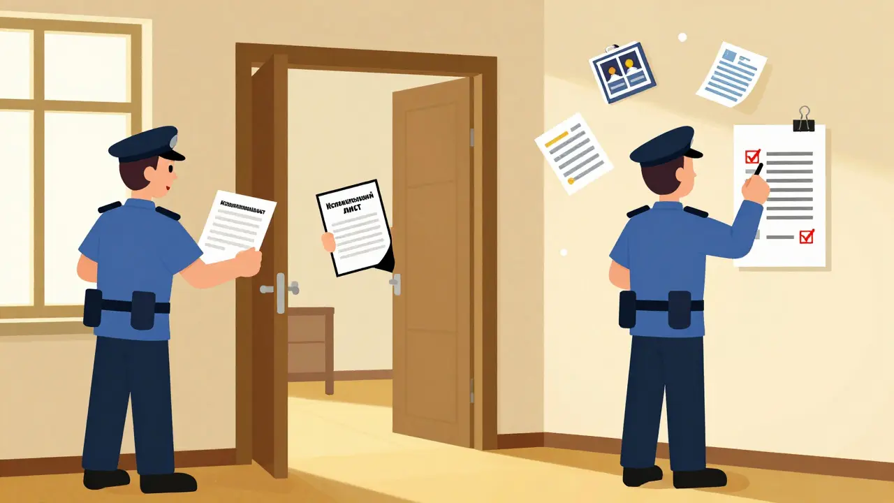 Судебные приставы входят в квартиру с официальным документом, вокруг — доказательства нарушений.